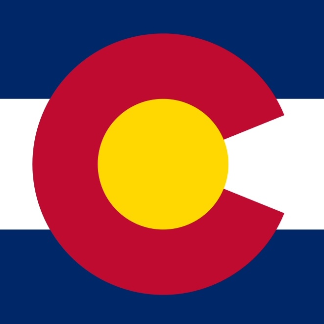 State Flag of Colorado: a Red letter 'c' with a gold interior atop three
                    horizontal stripes, two navy and one white