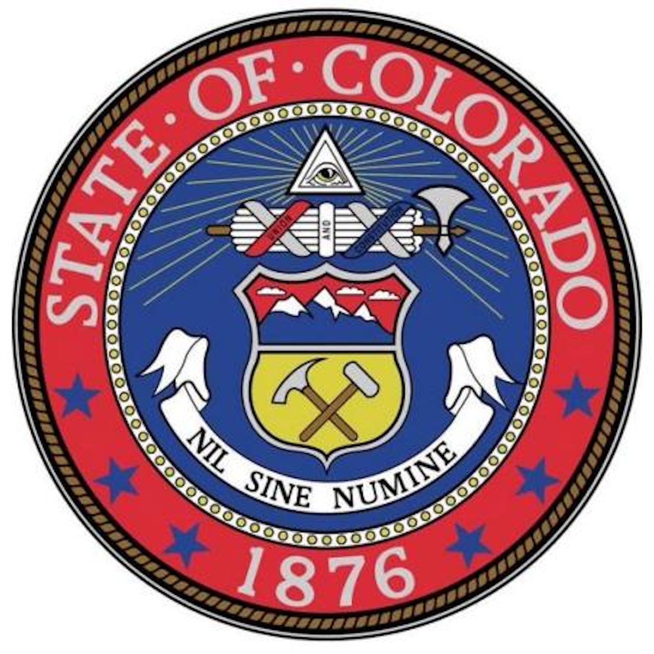 State Crest of Colorado: A red circle lined with ornamental rope and beading
                is filled with a solid blue color with the words 'nil sine numine', a shield
                with crossed hammer and pickaxe below snow-capped mountains, and the all-seeing
                eye atop a ceremonial axe with its blade pointed upward